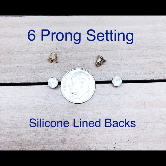 Round CZ 6mm Studs Gold Plated, Sterling Silver Posts & Backs - Picture 4 of 6